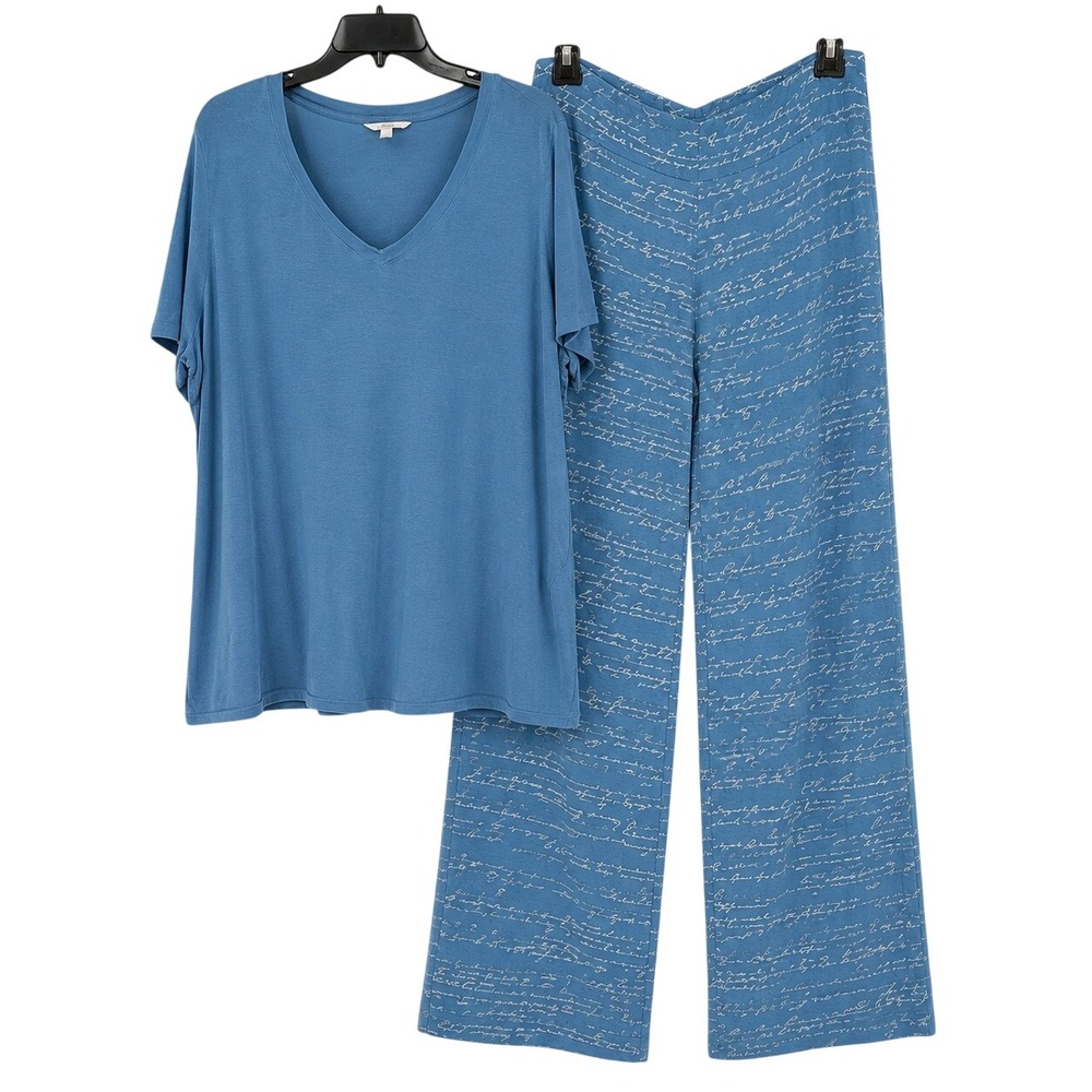 Soma Blue Script Print Pajama Set XL V-Neck Rayon Spandex Loungewear Set